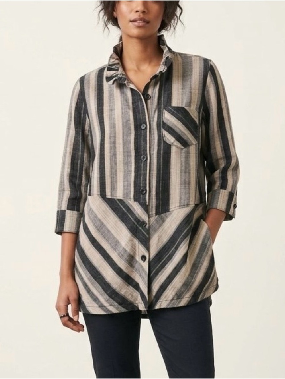 Terra Brown Tan Striped Lagenlook Artsy Button Down Size L